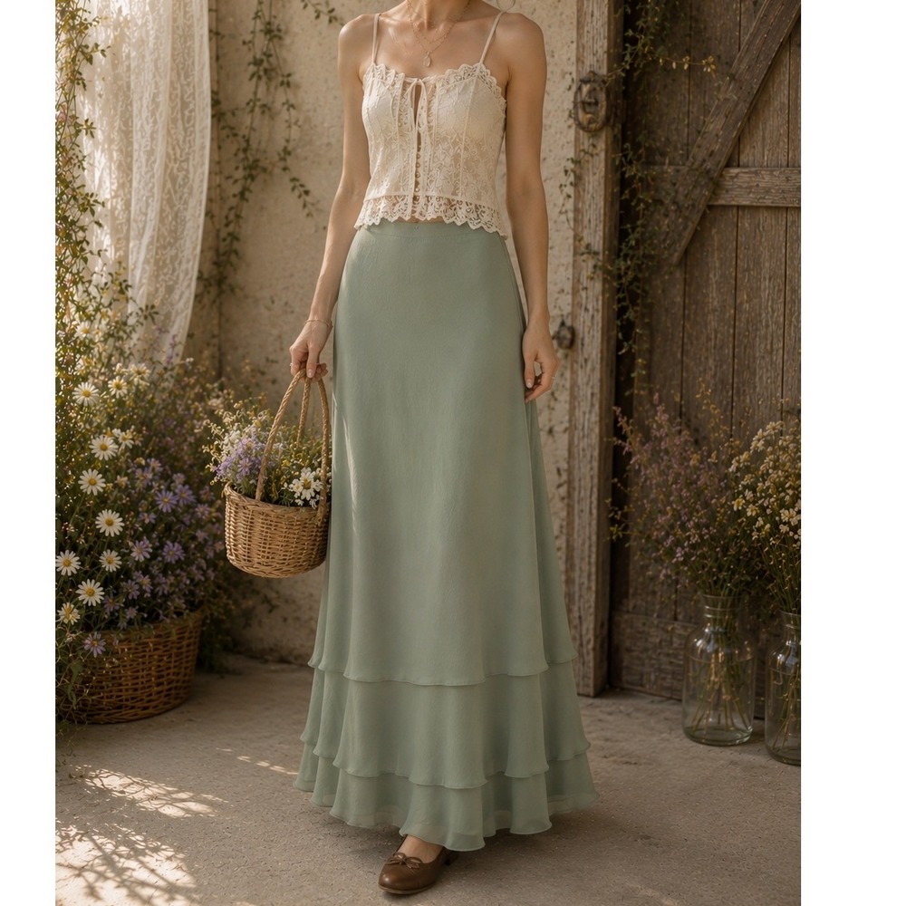 Whimsical Chiffon Maxi Skirt Womens sz L Fairycore layered Hem practical magic